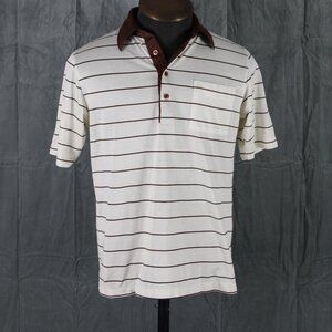 Vintage Golf Shirt - White with Brown Stripes by Cougar - Men's Large